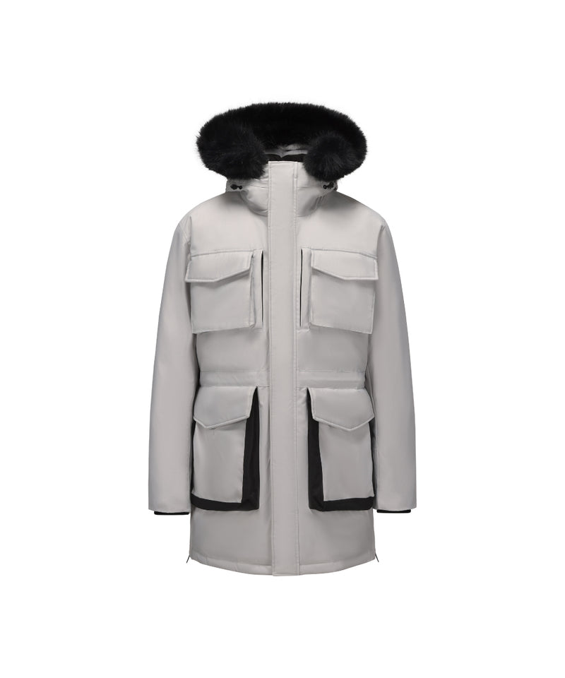 MID-LENGTH DOWN JACKET WITH FUR-LINED HOOD