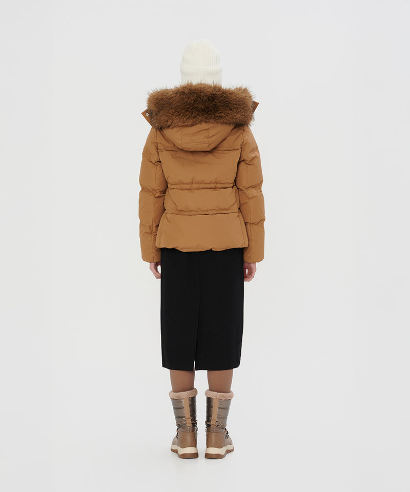 DETACHABLE PLUSH FAUX FUR-TRIMMED HOOD DOWN JACKET