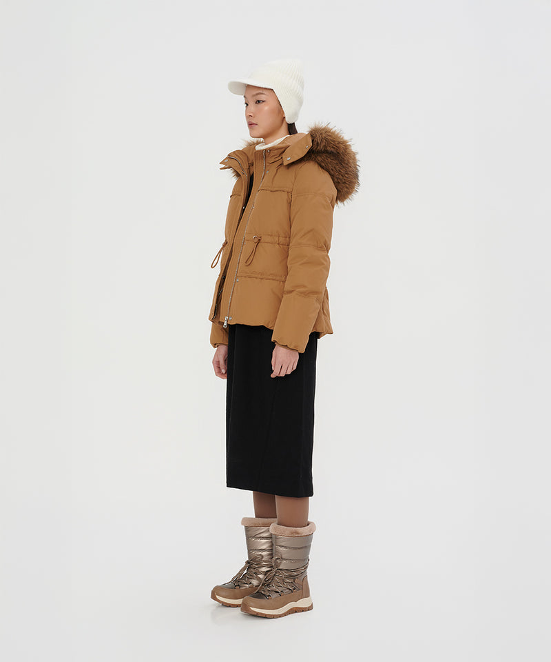 DETACHABLE PLUSH FAUX FUR-TRIMMED HOOD DOWN JACKET