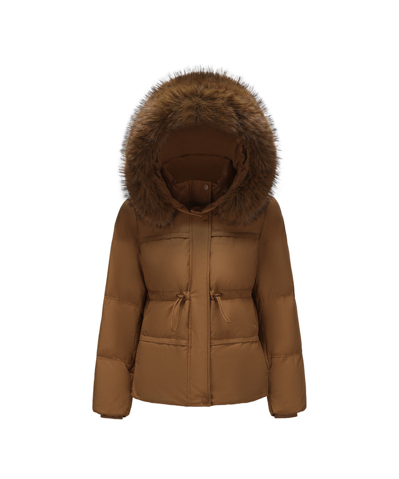 DETACHABLE PLUSH FAUX FUR-TRIMMED HOOD DOWN JACKET
