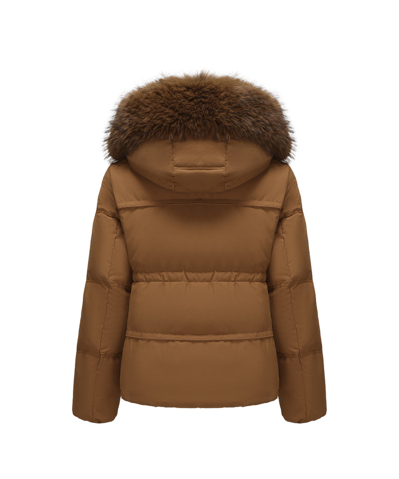 DETACHABLE PLUSH FAUX FUR-TRIMMED HOOD DOWN JACKET