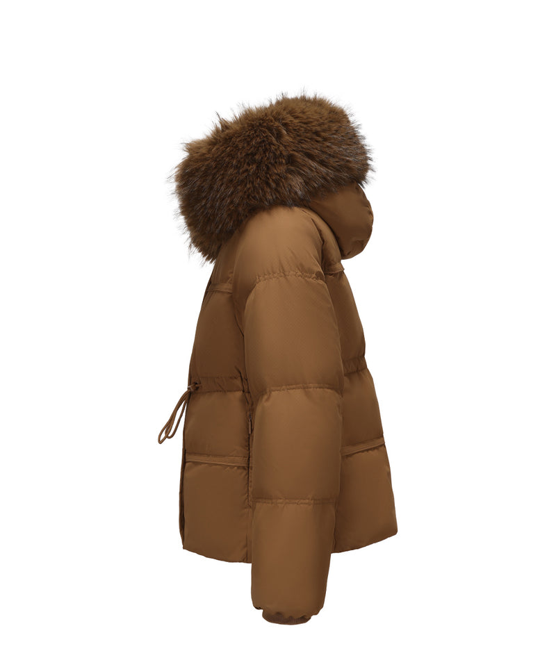 DETACHABLE PLUSH FAUX FUR-TRIMMED HOOD DOWN JACKET