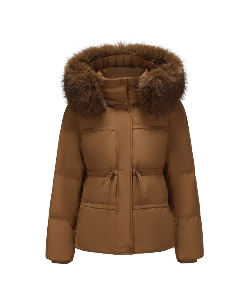DETACHABLE PLUSH FAUX FUR-TRIMMED HOOD DOWN JACKET