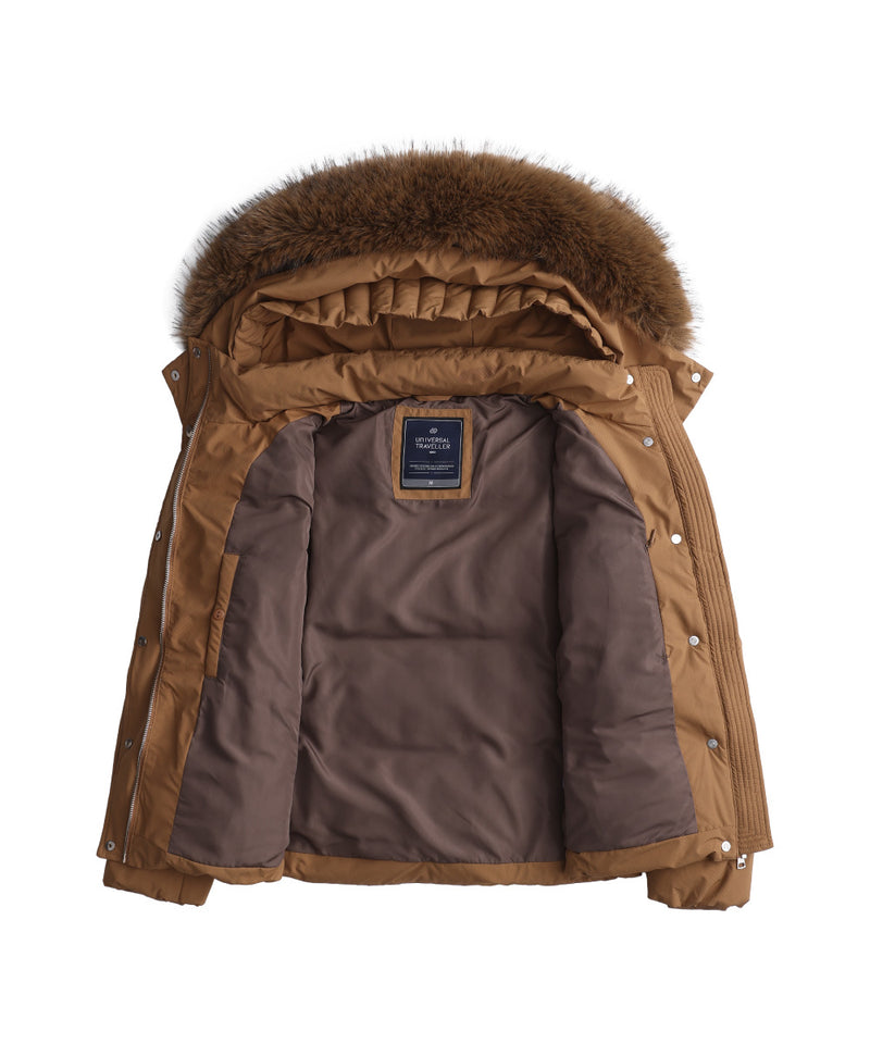 DETACHABLE PLUSH FAUX FUR-TRIMMED HOOD DOWN JACKET
