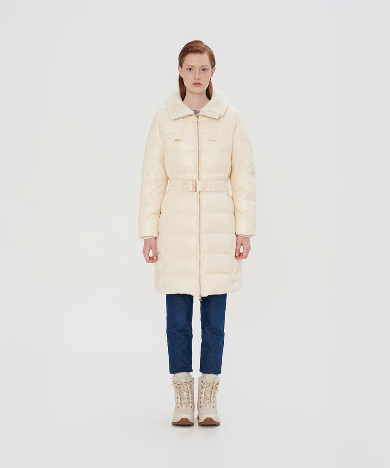 ELEGANT CREAM BELTED DOWN COAT