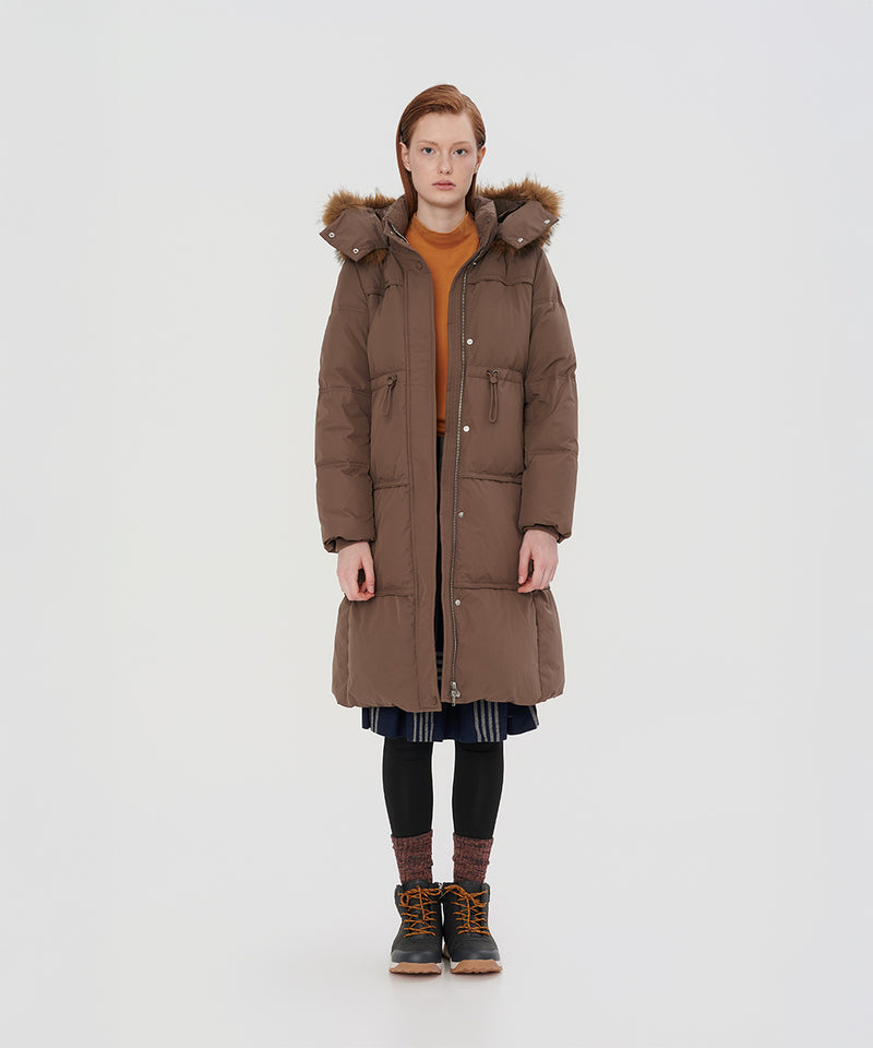 PLUSH FAUX FUR-TRIMMED HOOD MID-LENGTH DOWN JACKET