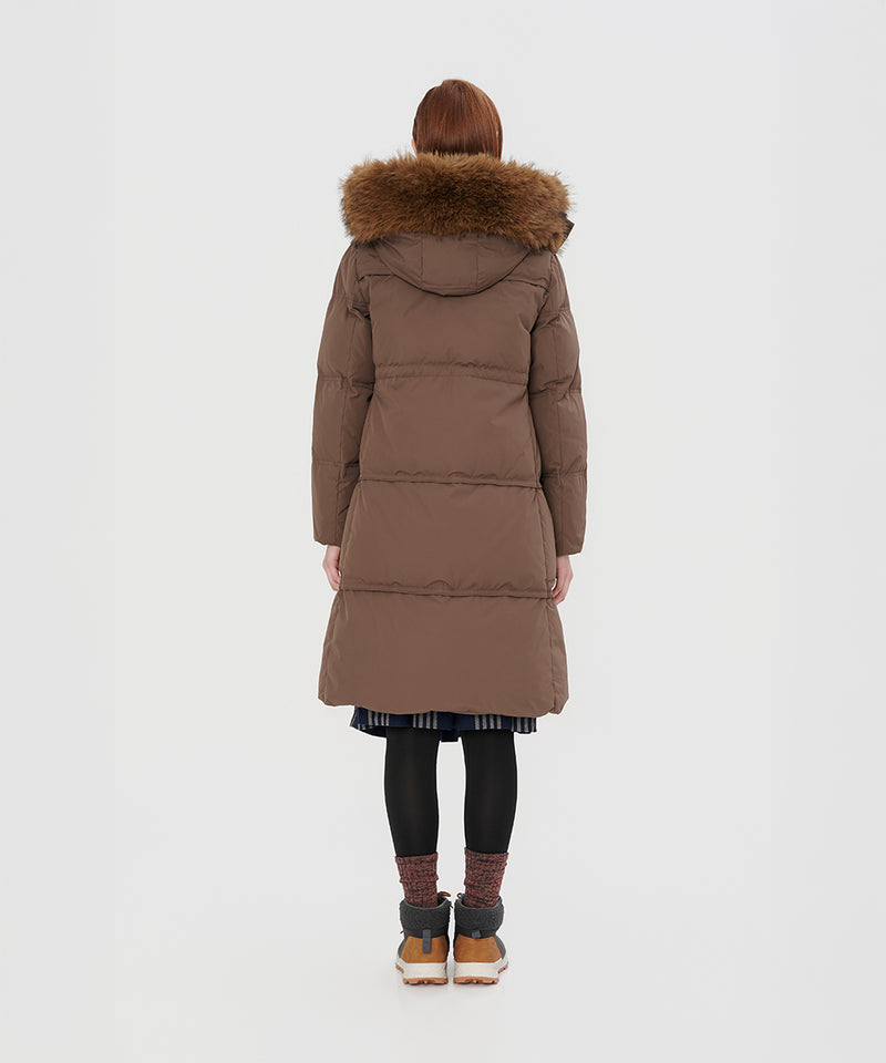 PLUSH FAUX FUR-TRIMMED HOOD MID-LENGTH DOWN JACKET