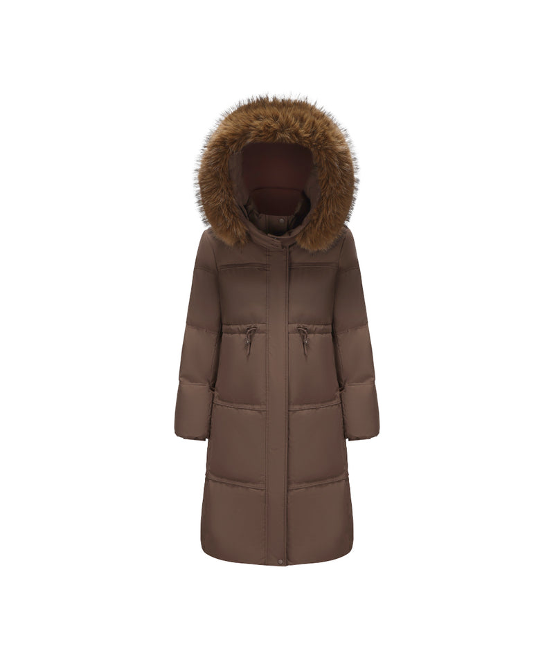 PLUSH FAUX FUR-TRIMMED HOOD MID-LENGTH DOWN JACKET