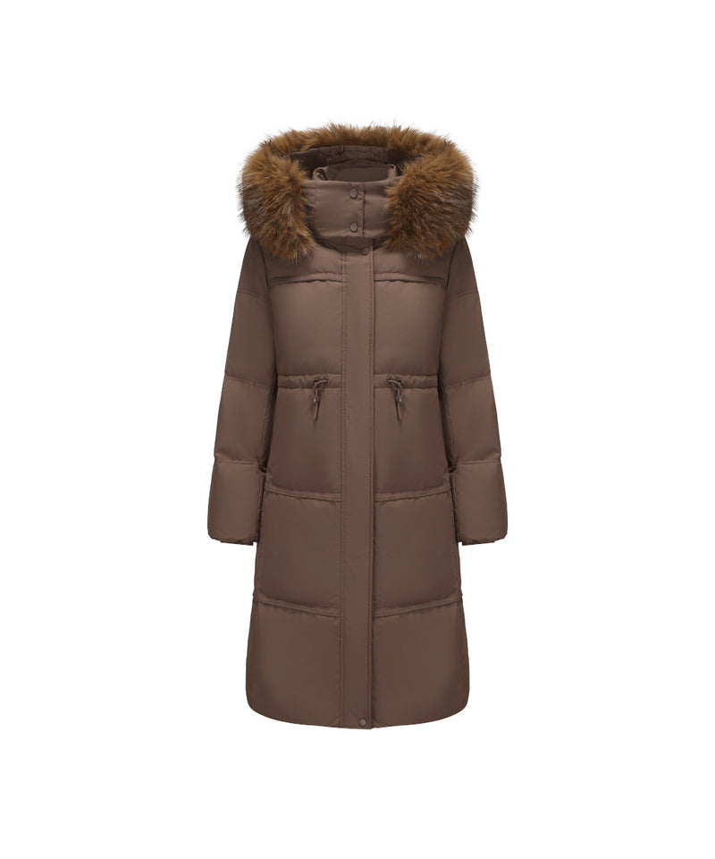 PLUSH FAUX FUR-TRIMMED HOOD MID-LENGTH DOWN JACKET