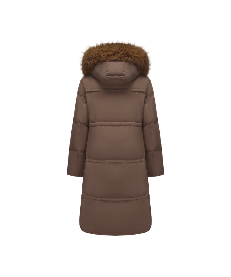 PLUSH FAUX FUR-TRIMMED HOOD MID-LENGTH DOWN JACKET