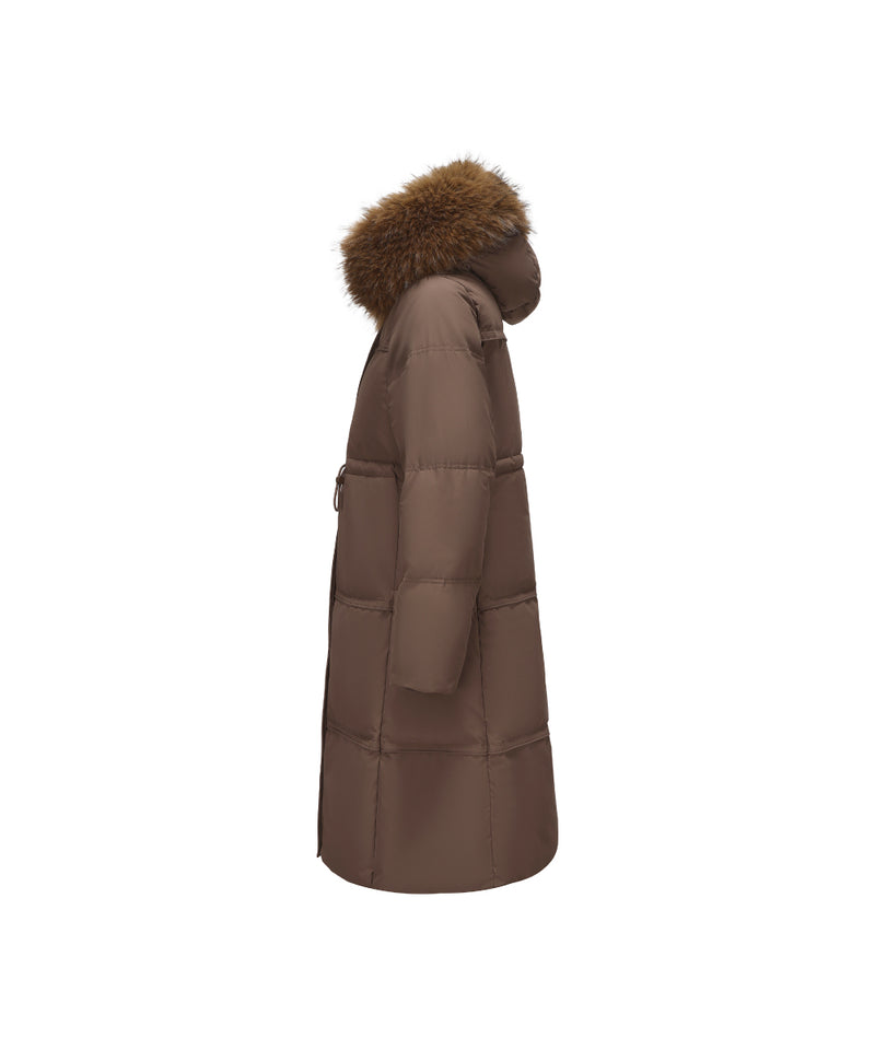 PLUSH FAUX FUR-TRIMMED HOOD MID-LENGTH DOWN JACKET