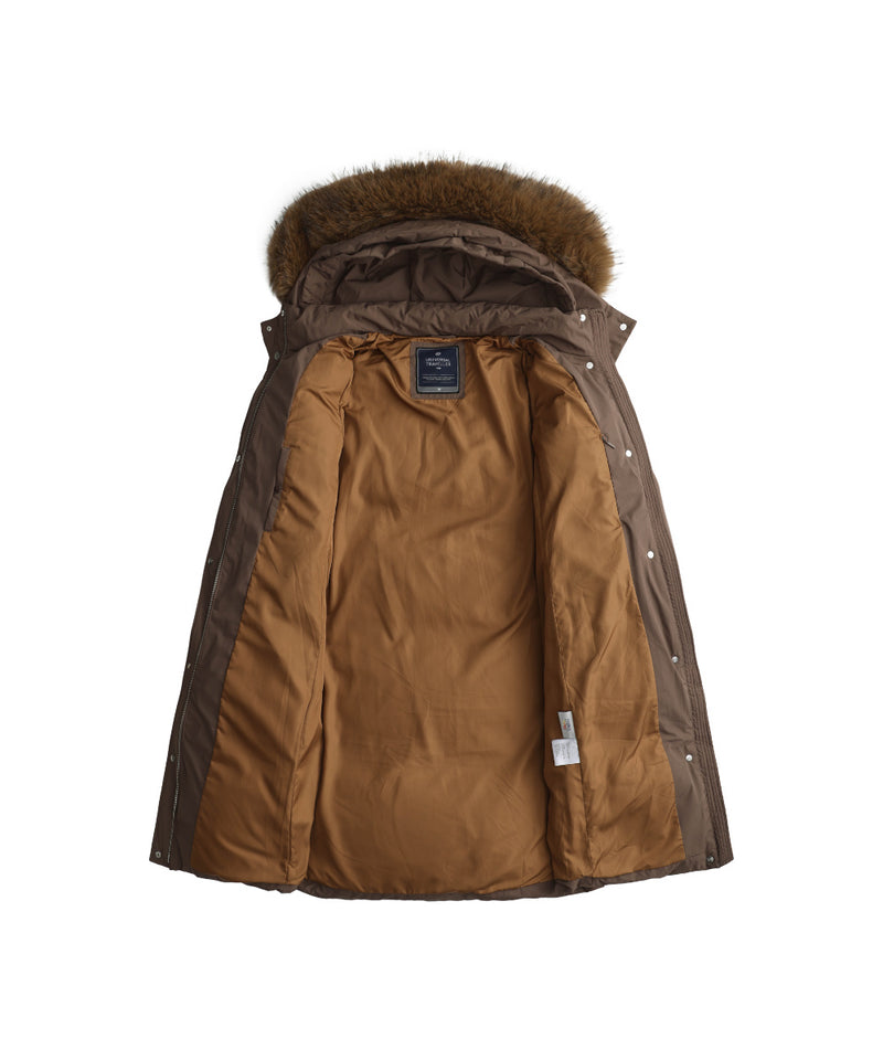 PLUSH FAUX FUR-TRIMMED HOOD MID-LENGTH DOWN JACKET