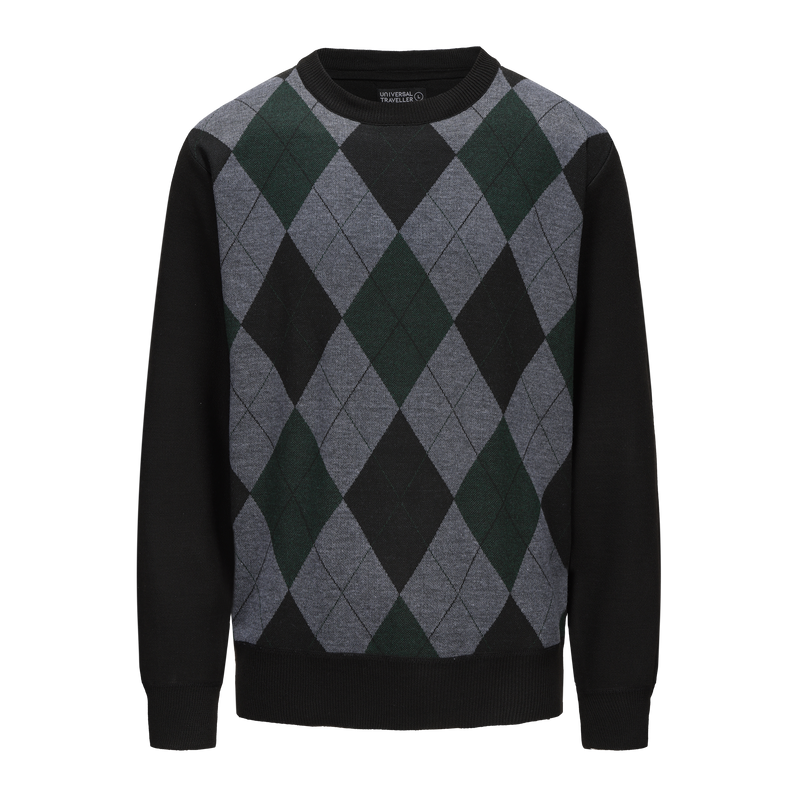 Crew Neck Argyle Pattern Knitted Sweater