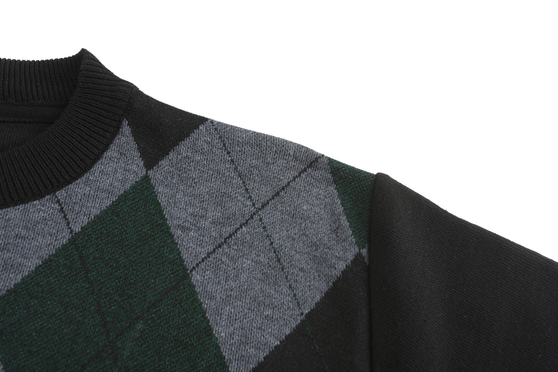 Crew Neck Argyle Pattern Knitted Sweater