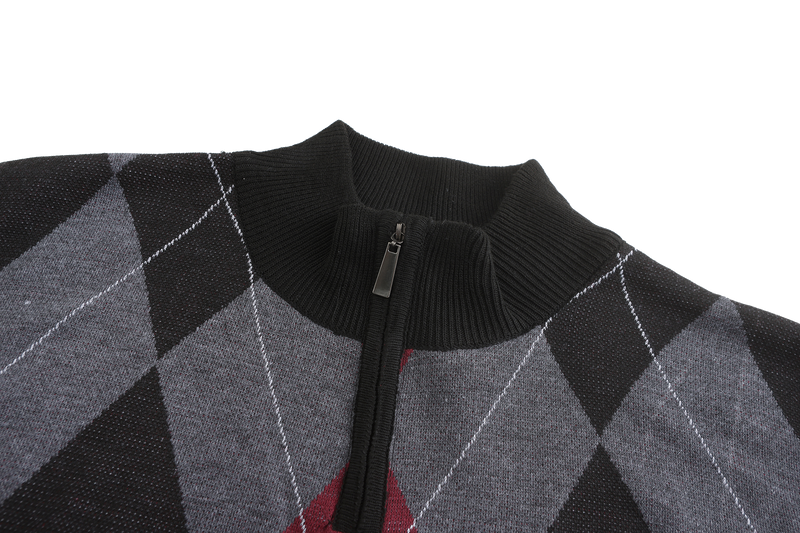 Henley Mock Neck Argyle Pattern Knitted Sweater