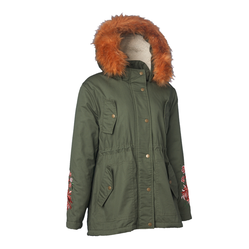 Embroidery Puffer Jacket with Faux Fur Hood - Universal Traveller SG