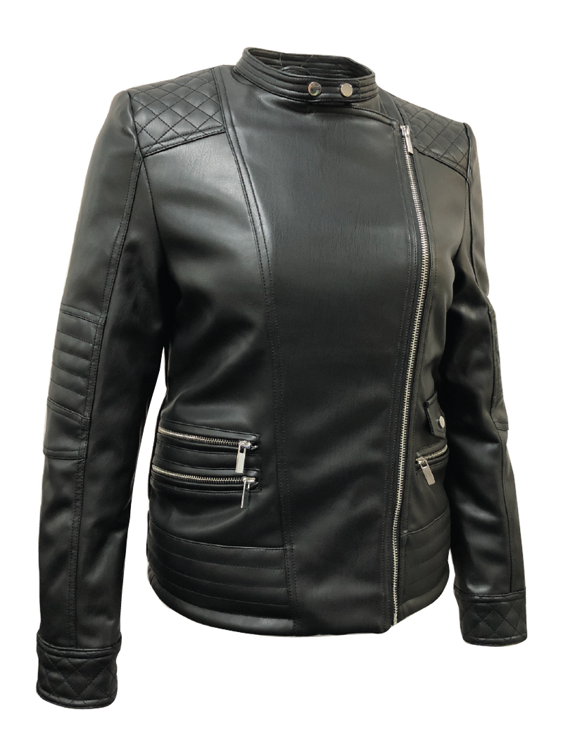 Women PU Leather Fleece Liner Biker Jacket